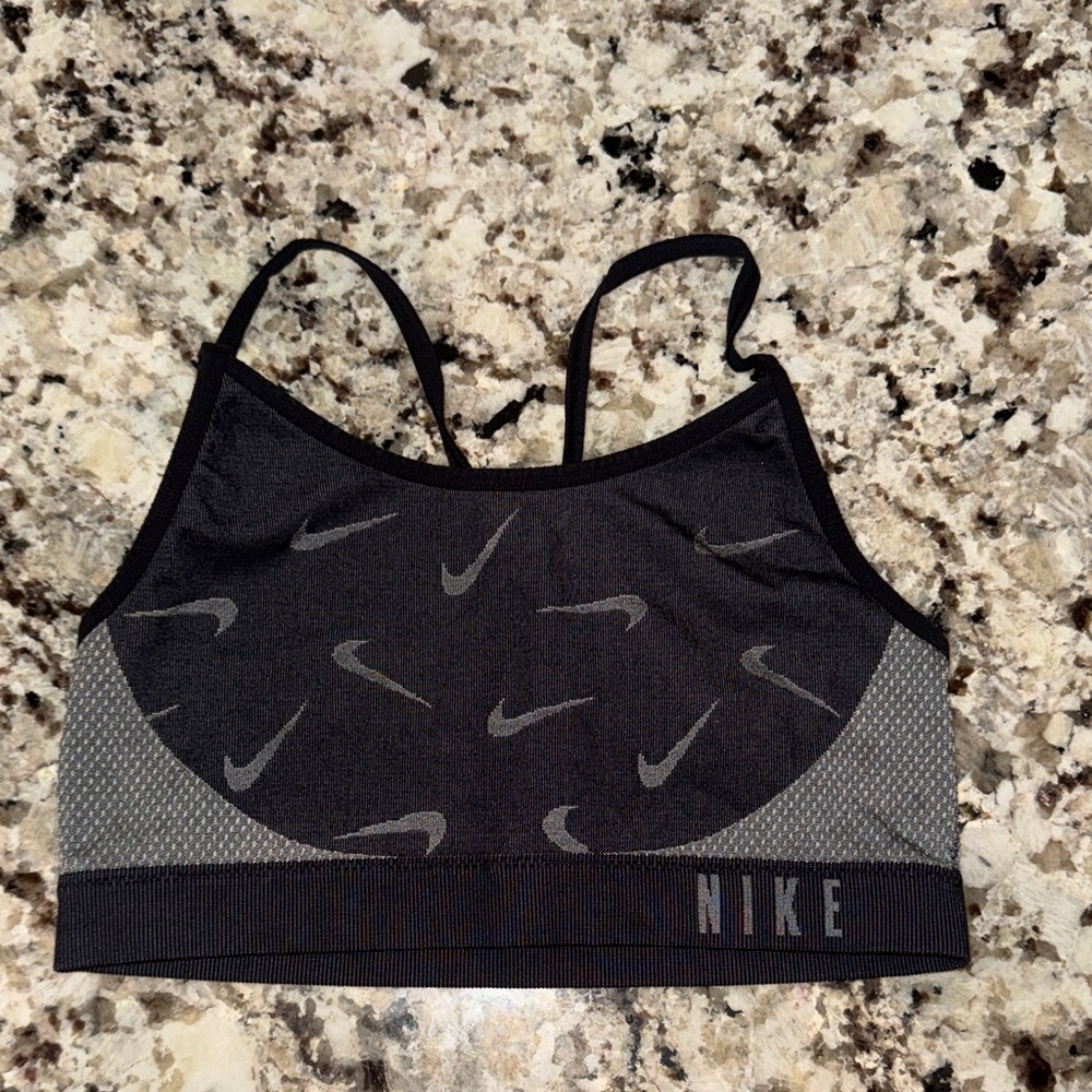 Nike Black Sports Bra with Gray Swoosh Pattern